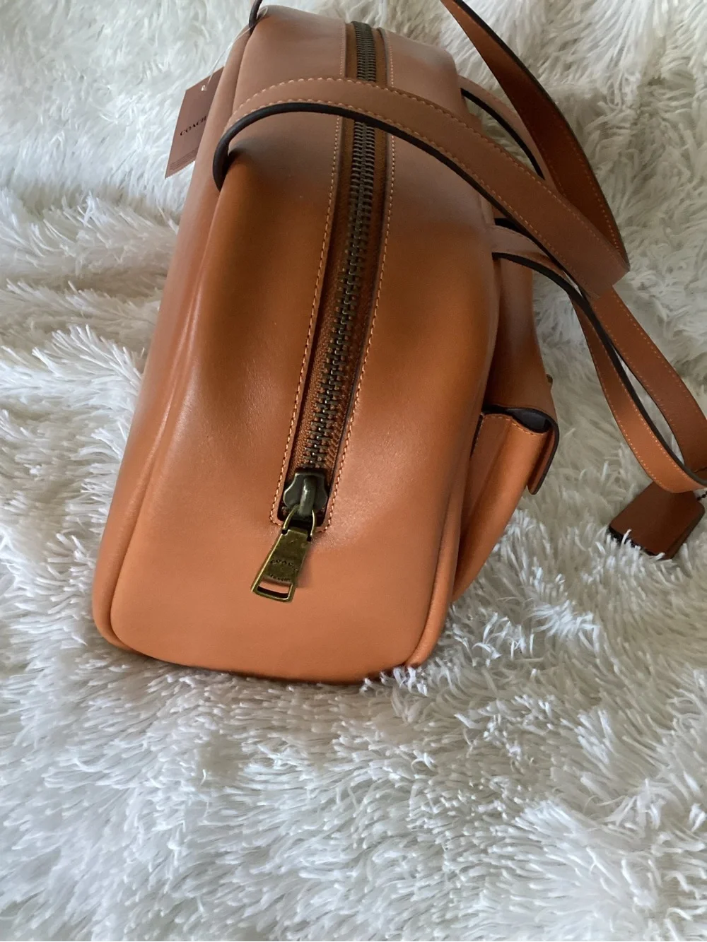 Coach Turnlock Toffee Leather Double Pocket Satchel